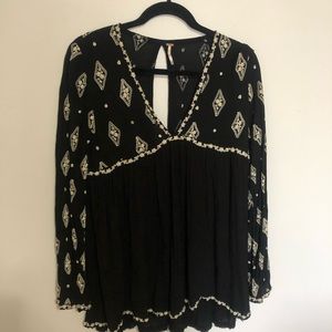 Free People Black Patterned Embroidery Long Sleeve Tunic